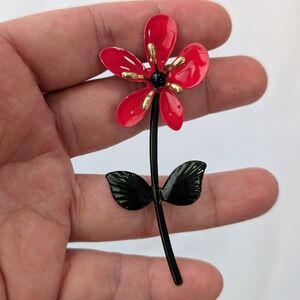 Vintage Flower Power Metal Enamel Red Black Gold Brooch Pin 1" x 3" LT124